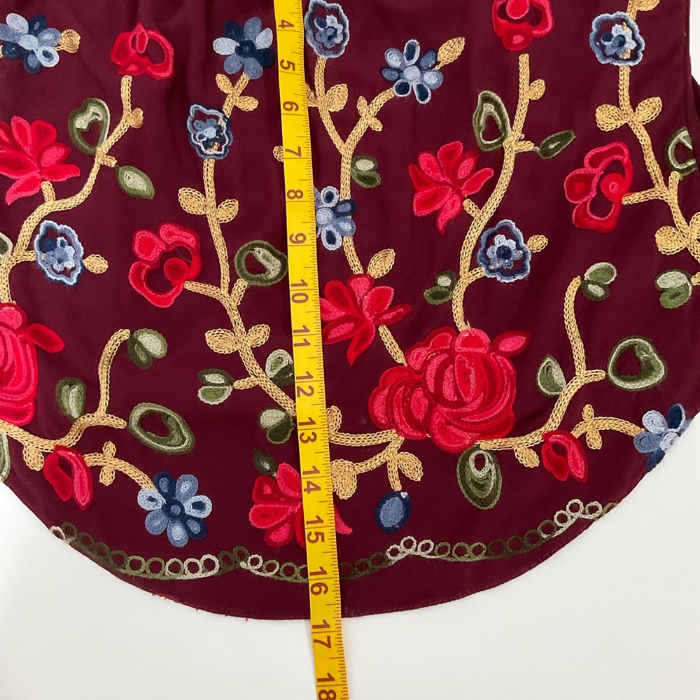 Clarita Floral Embroidered Burgundy Square Neck Gathered Long Sleeve Top No Size - Picture 13 of 14